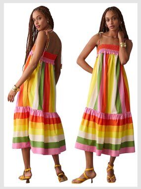 Farm Rio Midi Dress Rainbow Stripe Smocked Tiered S